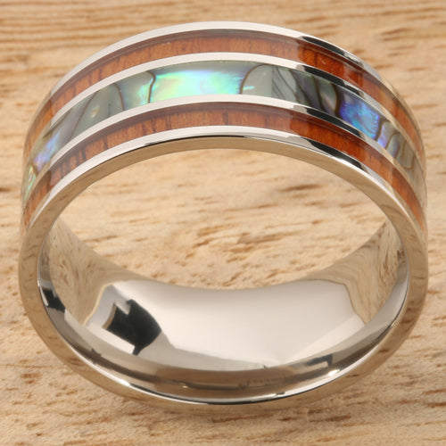 Koa Wood Abalone Titanium Wedding Ring Mens Ring 10mm