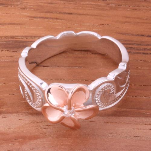 Hawaiian Scroll Two Tone Pink Gold Plated 8mm Plumeria with Clear CZ Cut Out Toe Edge Ring