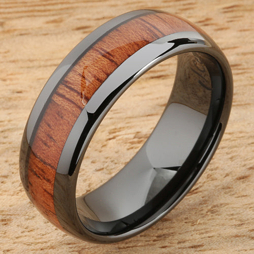 8mm Natural Hawaiian Koa Wood Inlaid High Tech Black Ceramic Oval Wedding Ring