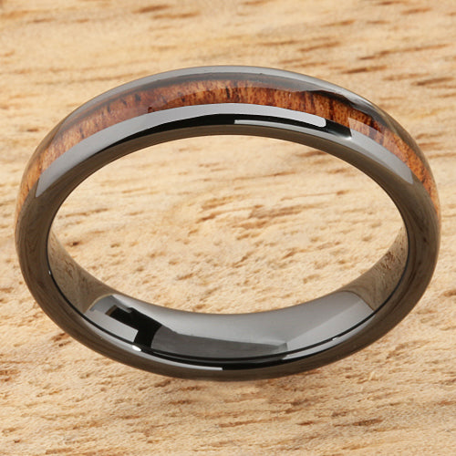 4mm Natural Hawaiian Koa Wood Inlaid High Tech Black Ceramic Oval Wedding Ring