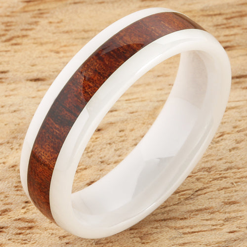 6mm Natural Hawaiian Koa Wood Inlaid High Tech White Ceramic Oval Wedding Ring