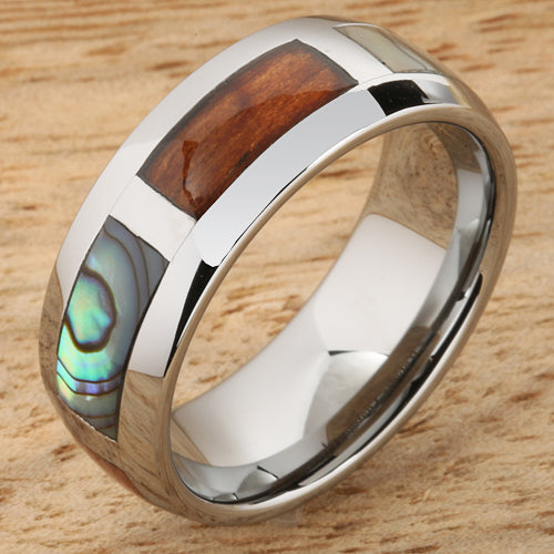8mm Natural Hawaiian Koa Wood and Abalone Inlaid Tungsten Block Wedding Ring