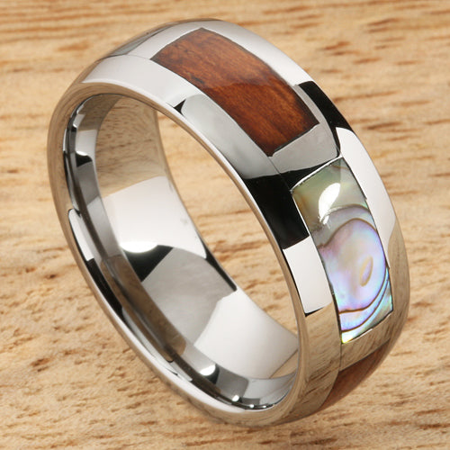 8mm Natural Hawaiian Koa Wood and Abalone Inlaid Tungsten Block Wedding Ring