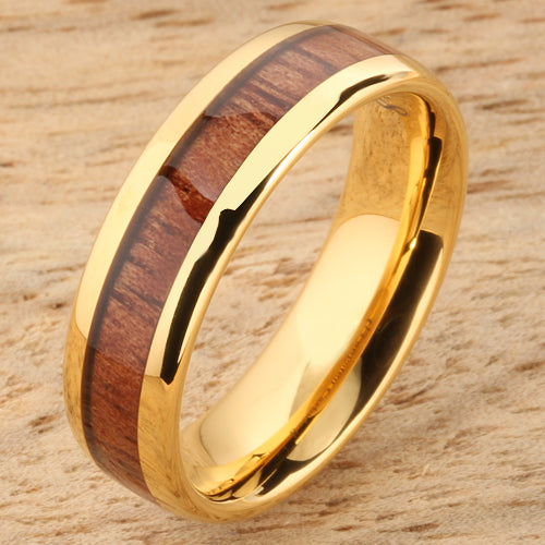 6mm Natural Hawaiian Koa Wood Inlaid Tungsten Oval Wedding Ring Yellow Gold Plated