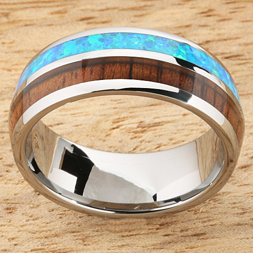 Opal Koa wood Ring Tungsten Two Tone Mens Wedding Ring Half Wood/Opal 8mm Barrel Shape Hawaiian Ring