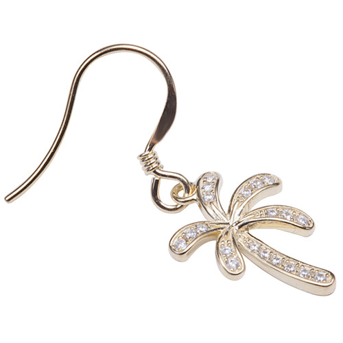Palm Tree Sterling Silver Hook Earring Yellow Gold Plated Cubic Pave Zirconia