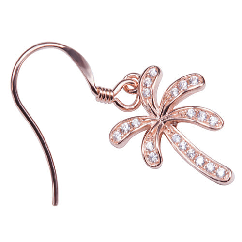 Palm Tree Sterling Silver Hook Earring Pink Gold Plated Pave Cubic Zirconia