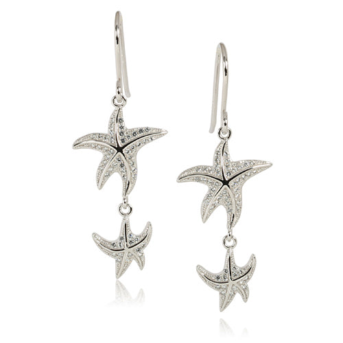 Rhodium Double Starfish Pave CZ Hook Earring