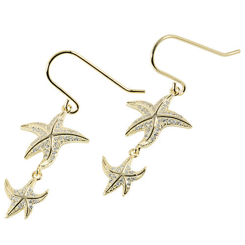 Yellow Gold Plated Sterling Silver Double Starfish Pave CZ Hook Earring