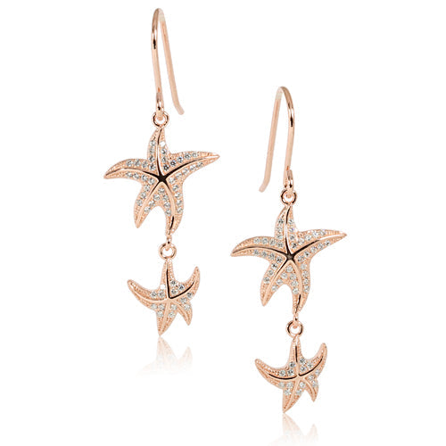 Pink Gold Plated Sterling Silver Double Starfish Pave CZ Hook Earring