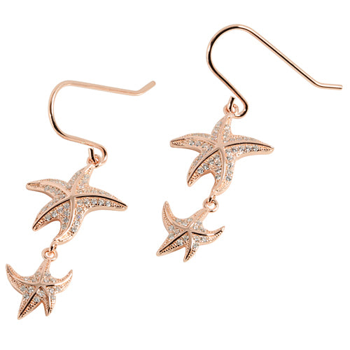 Pink Gold Plated Sterling Silver Double Starfish Pave CZ Hook Earring