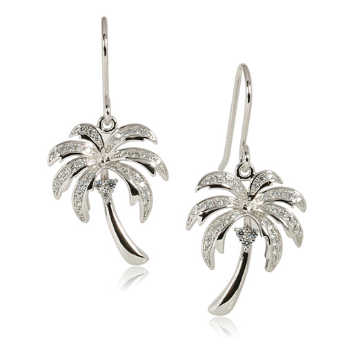 Sterling Silver Rhodium Pave CZ Palm Tree Hook Earring