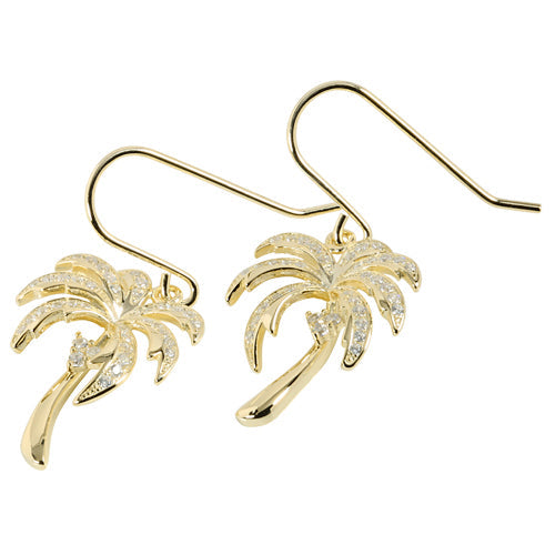 Sterling Silver Pave CZ Palm Tree Hook Earring Yellow Gold Plated