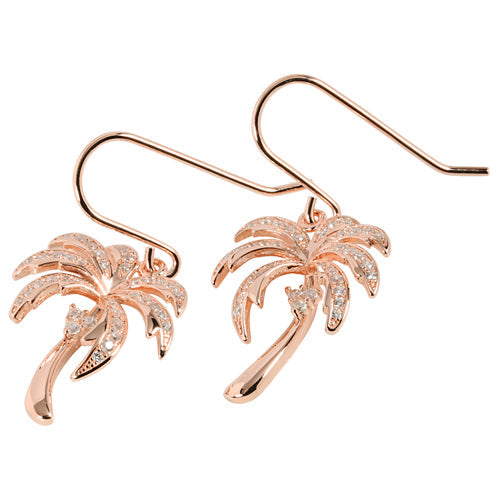 Sterling Silver Pave CZ Palm Tree Hook Earring Pink Gold Plated