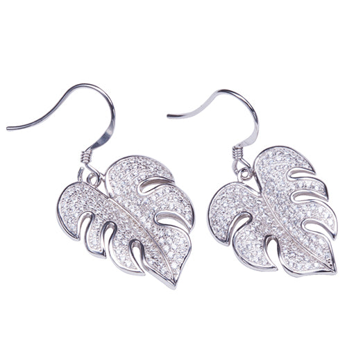 Sterling Silver Pave Cubic Zirconia Monstera Hook Earring