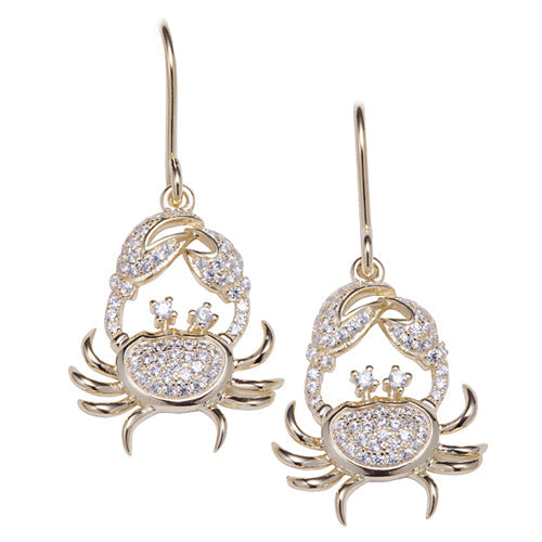 Sterling Silver Yellow Gold Plated Pave Cubic Zirconia Moving Crab Hook Earring