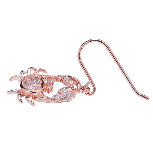 Sterling Silver Pink Gold Plated Pave Cubic Zirconia Moving Crab Hook Earring