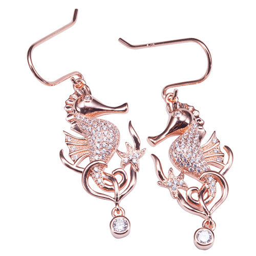 Pink Gold Plated Sterling Silver Pave CZ Seahorse Hook Earring