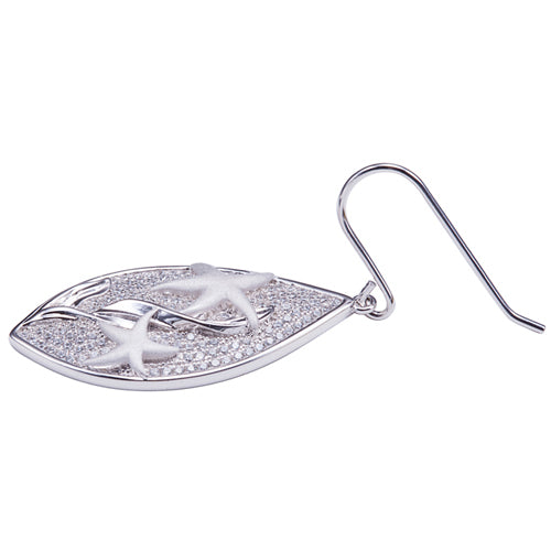 Sterling Silver Pave Cubic Zirconia Star Fish in Leaf Hook Earring