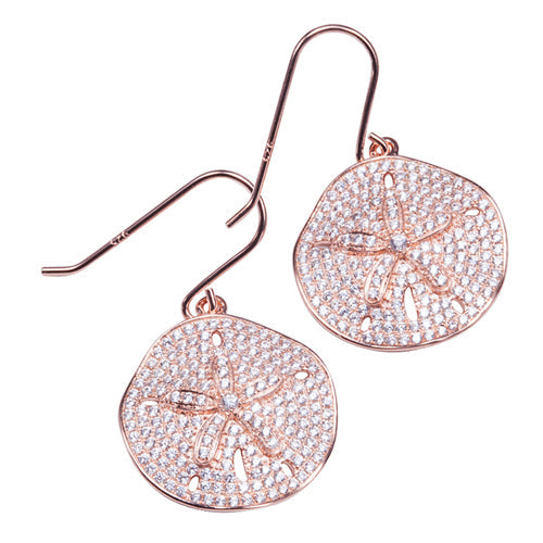 Sand Dollar Star Fish Pave Cubic Zirconia Sterling Silver Hook Earring Pink Gold Plated