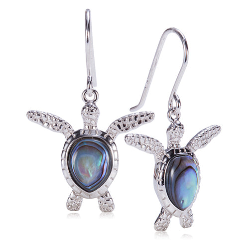 Sterling Silver Abalone Inlay Swimming Sea Turtle Hook Earring