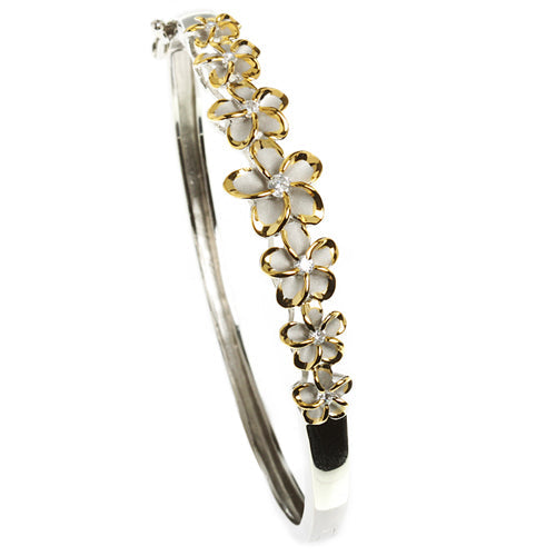 Hawaiian Jewelry 6-12mm 7 Plumeria Rhodium Bangle YG