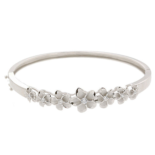 Hawaiian Jewelry 6-12mm 7 Plumeria Rhodium Bangle YG