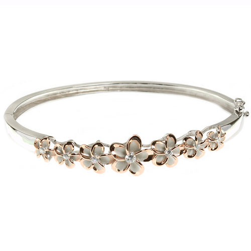 Hawaiian Jewelry 6-12mm 7 Plumeria Rhodium Bangle PG