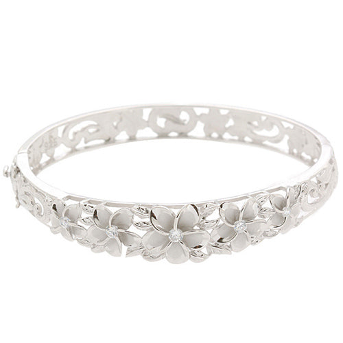 Hawaiian Jewelry 10-15mm 7 Plumeria Rhodium Bangle PG