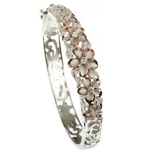 Hawaiian Jewelry 10-15mm 7 Plumeria Rhodium Bangle PG