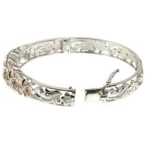Hawaiian Jewelry 10-15mm 7 Plumeria Rhodium Bangle PG