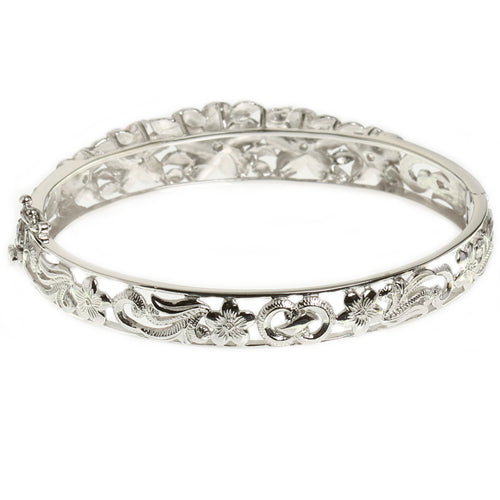 Hawaiian Jewelry 10-15mm 7 Plumeria Rhodium Bangle PG