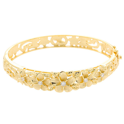 Hawaiian Jewelry 10-15mm 7 Plumeria Rhodium Bangle YG Coating