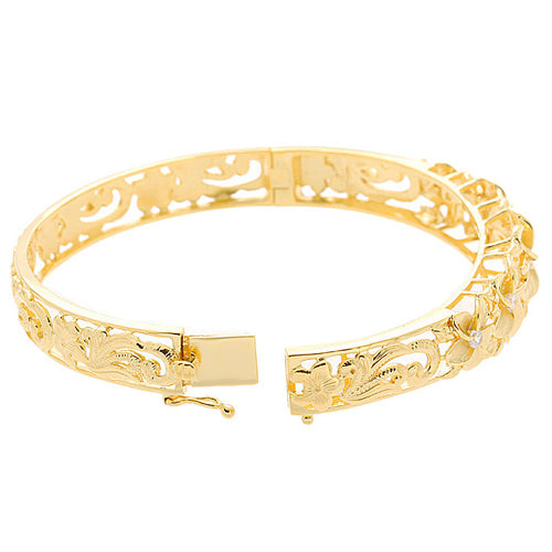 Hawaiian Jewelry 10-15mm 7 Plumeria Rhodium Bangle YG Coating