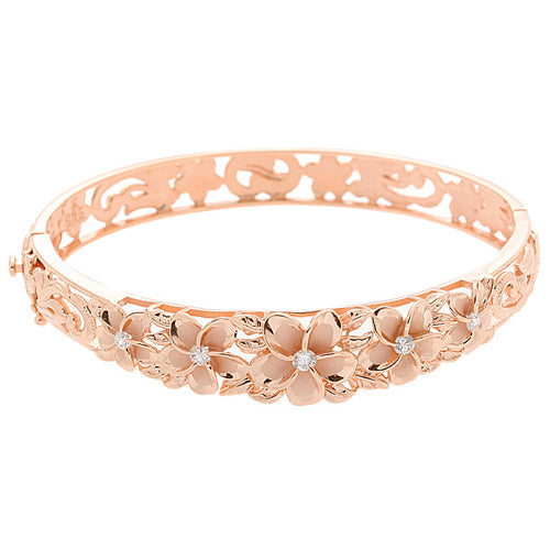 Hawaiian Jewelry 10-15mm 7 Plumeria Rhodium Bangle YG Coating