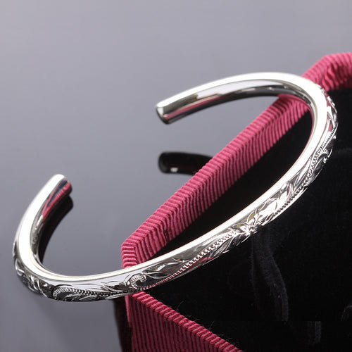 Hawaiian Jewelry Scrolling Plumeria Engraving Round Band Cuff Bangle One Tone 5.5mm