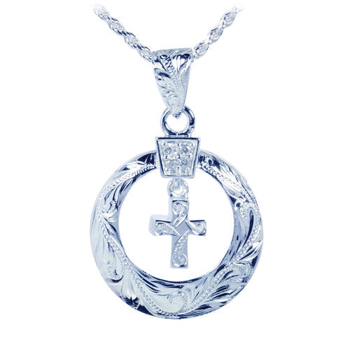 Sterling Silver Scroll Circle + Cross Inside Pendant