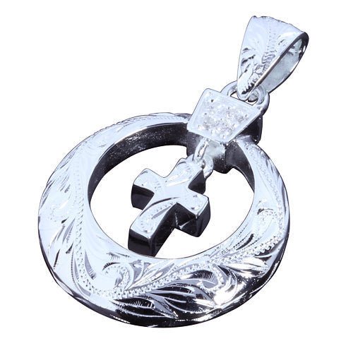 Sterling Silver Scroll Circle + Cross Inside Pendant