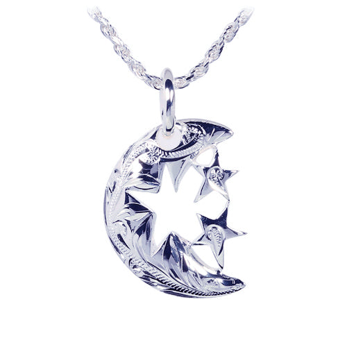 Sterling Silver Scroll Half Moon+2star Pendant