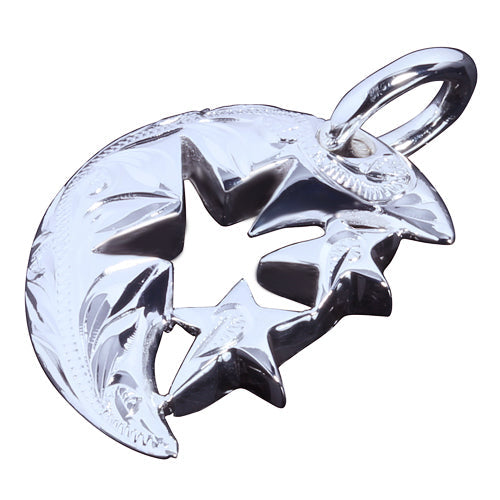 Sterling Silver Scroll Half Moon+2star Pendant
