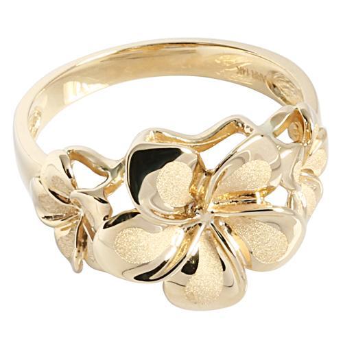 Certified 14k Gold Trio Hawaiian Plumeria Flower Ring - Yellow, White, Or Rose Gold