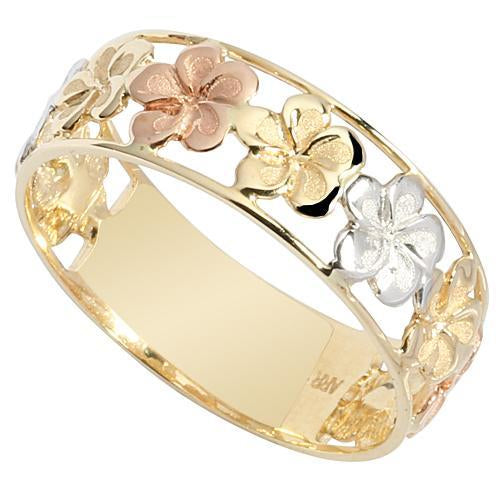 14K Gold Tri-color See Through Plumeria Lei Ring 7mm - Hanalei Jeweler