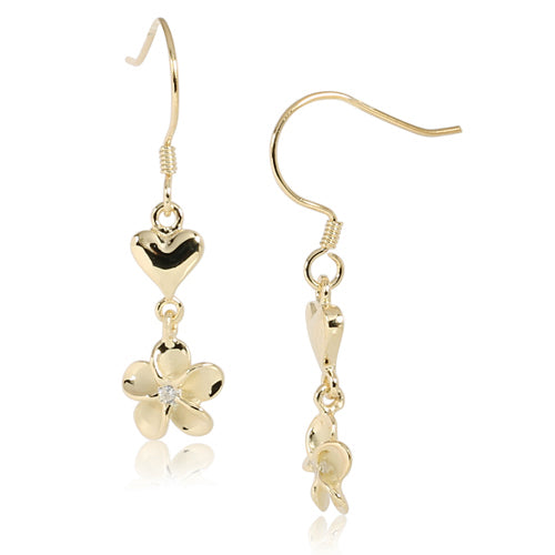 Yellow Gold Plated Sterling Silver Heart Plumeria Hook Earring 8mm