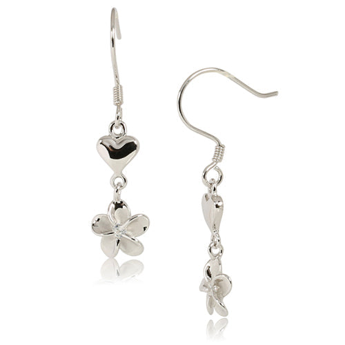 Sterling Silver Rhodium Heart Plumeria Hook Earring 8mm