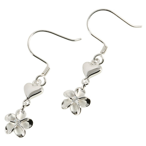 Sterling Silver Rhodium Heart Plumeria Hook Earring 8mm