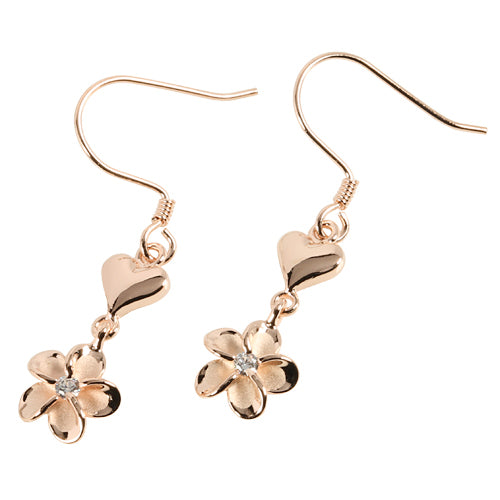 Pink Gold Plated Sterling Silver Heart Plumeria Hook Earring 8mm