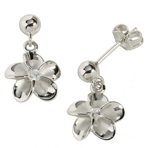 Sterling Silver Rhodium Bead Plumeria Stud Earring 10mm