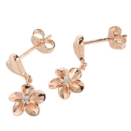 Pink Gold Plated Sterling Silver Heart Plumeria Stud Earring 8mm