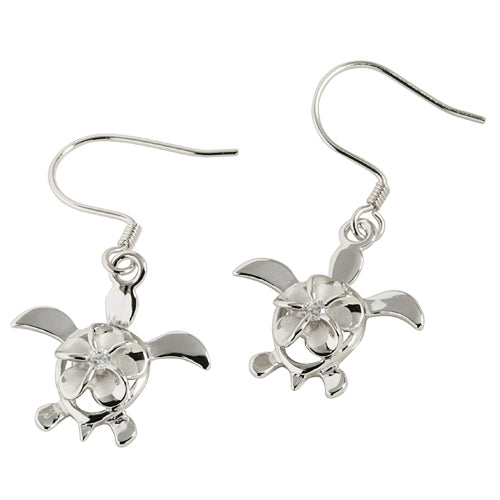 Sterling Silver Rhodium 8mm Plumeria In Honu Hook Earring