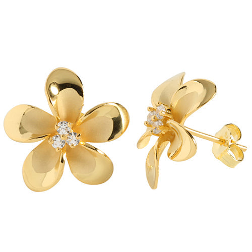 18mm Plumeria Yellow Gold Plated Three CZ Stud Earring